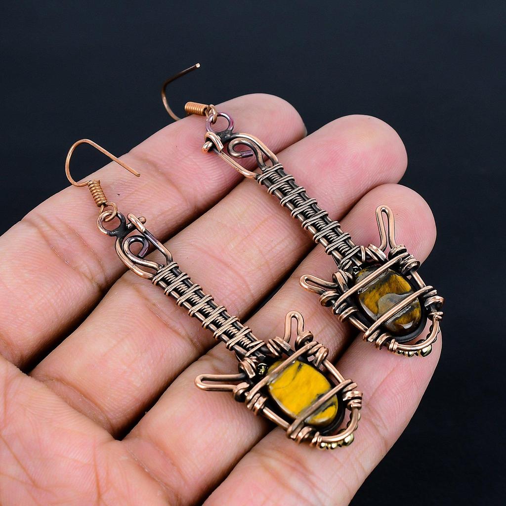 Tiger Eye 999 Copper Wire Wrapped Earrings, Handmade Gemstone Jewelry Earrings For Memorial Day