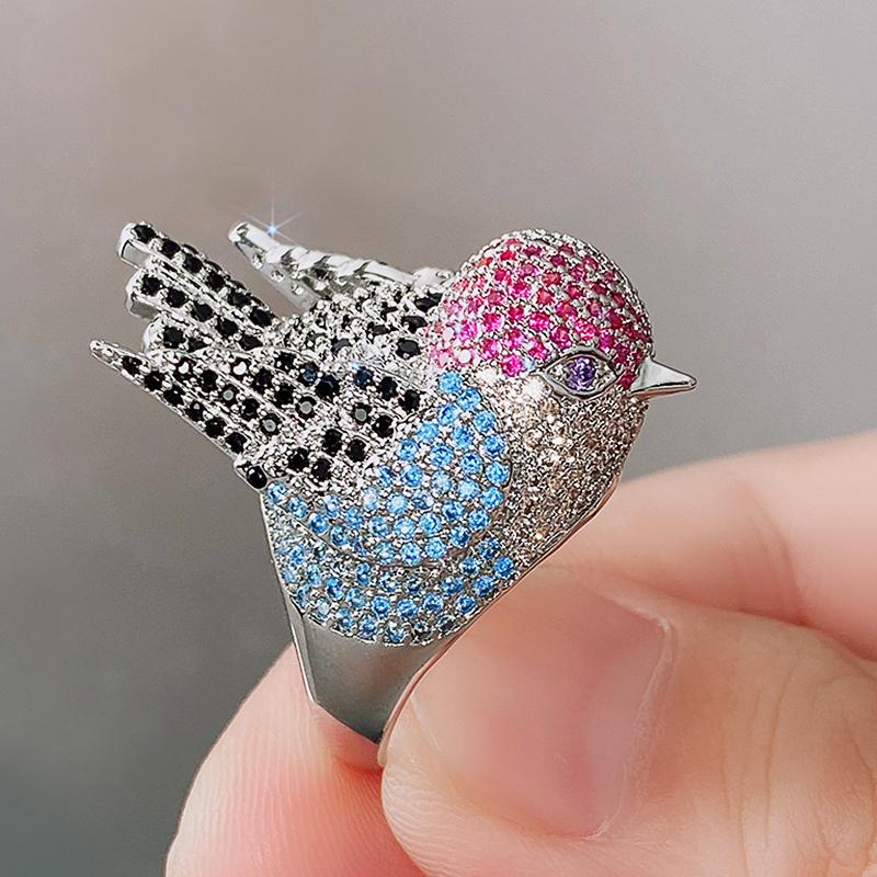 Huitan Rainbow Bird Rings for Women Hyperbole Female Finger Accessories Party Special-interested Girl Gift BlingTrendy Jewelry