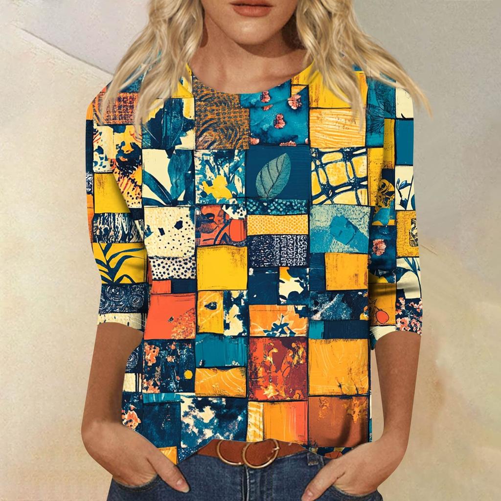 Женская модная повседневная свободная футболка с круглым вырезом и рукавами 3/4 с принтом, женский топ