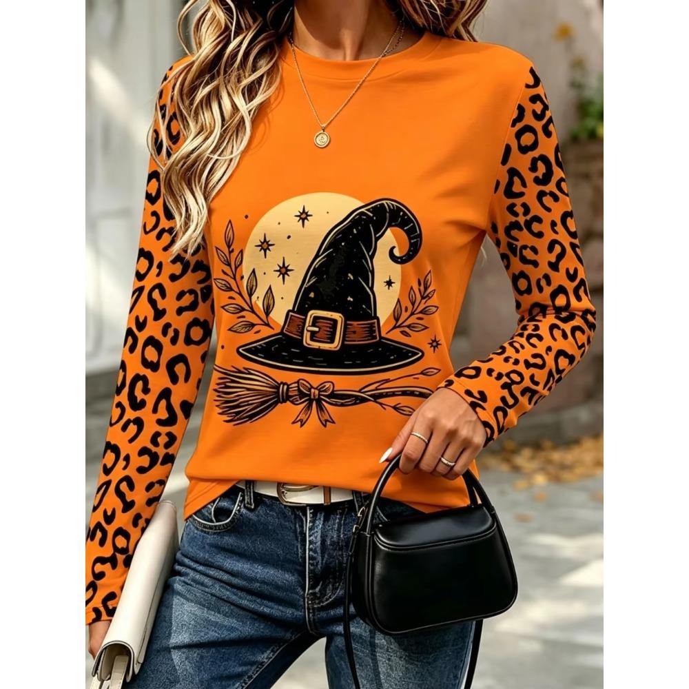 Fashion Women's T-Shirt Halloween Theme Print Tee Casual Autumn Holiday Fashion Long Sleeve T-Shirts Casual Loose Women's Tops