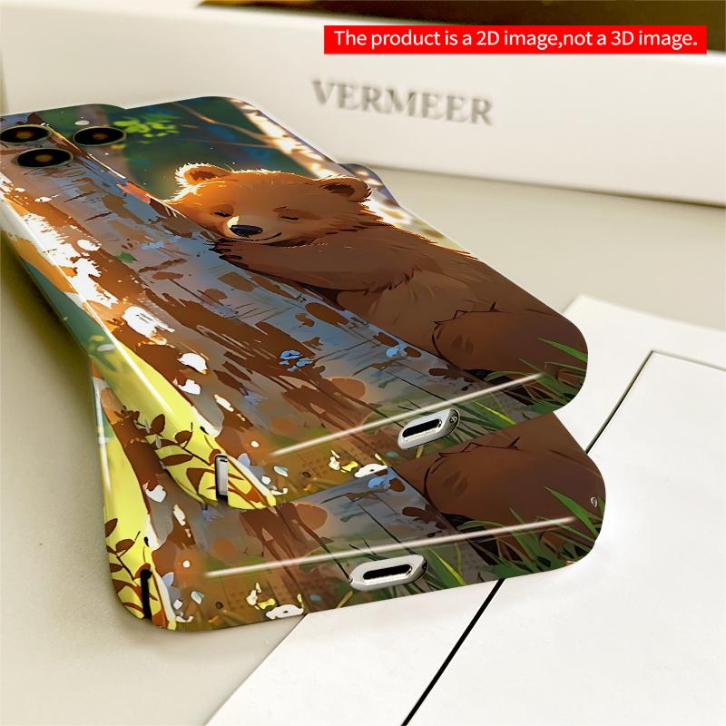 2DFlat Cute Bear Hugging Birch Tree in Sunlit Forest All inclusive film hard iPhone case, compatible with iPhone 18 Pro Max 17 16 15 14 13 12 11