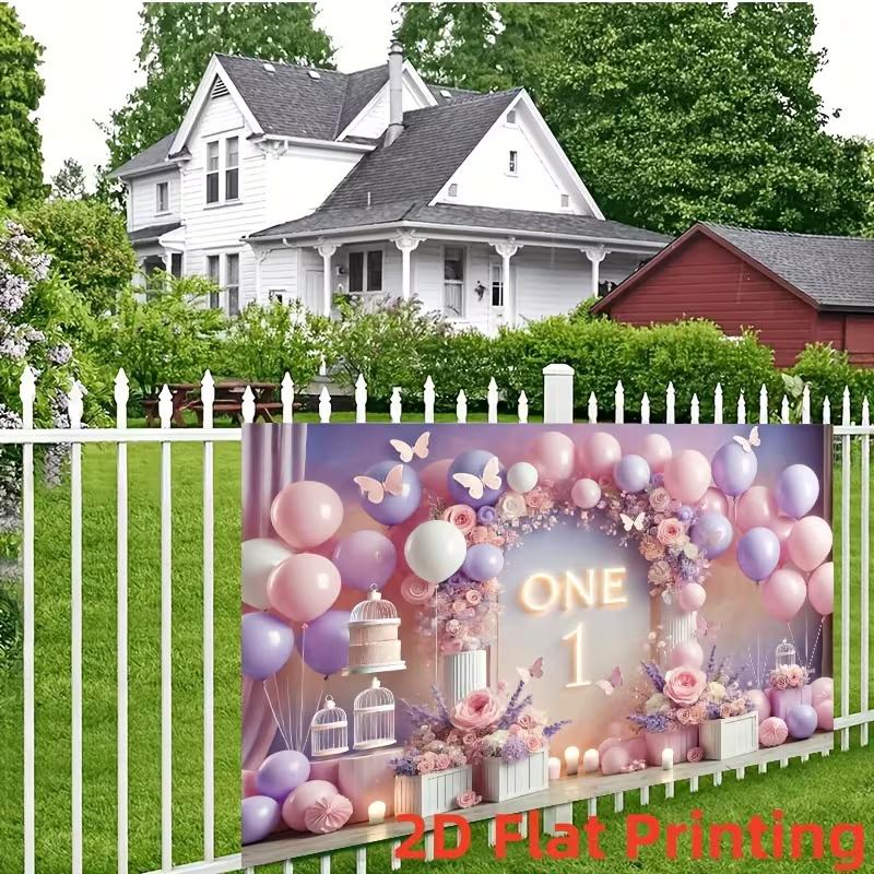 2D Pink Purple Butterfly 1st Birthday Backdrop ONE Balloon Photography Background