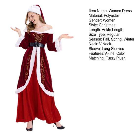 Женское рождественское платье Санта-Клауса с открытыми плечами, цветное ретро-платье в стиле Yoyal с поясом и шляпой, праздничный костюм для выступлений и вечеринок