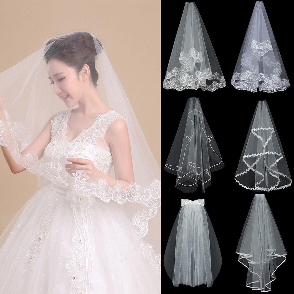 Elegant Two Layer White Ivory Short Simple Bridal Veil Wedding Veil Women's Tulle Lace Edge
