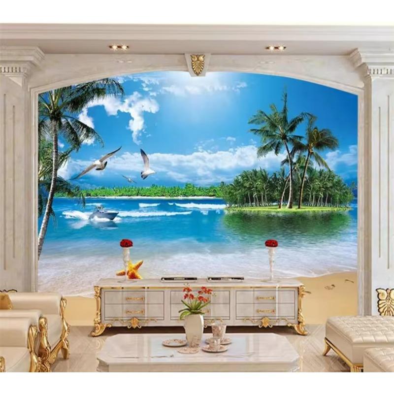 Обои 3d Mural Seaside Sea Neptune Seagull Beach Landscape Mural Home Decor 3d Wallpaper