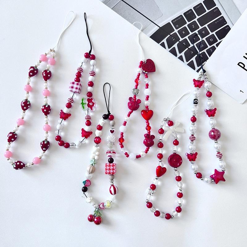 Клубничный Жемчужный Телефонный Ремешок Вишневые Любовные Бусины Подвеска Шарм Милый Чехол для Наушников Подвесная Веревка Противопотерянный Ремешок-Шнурок Декор для Сумки