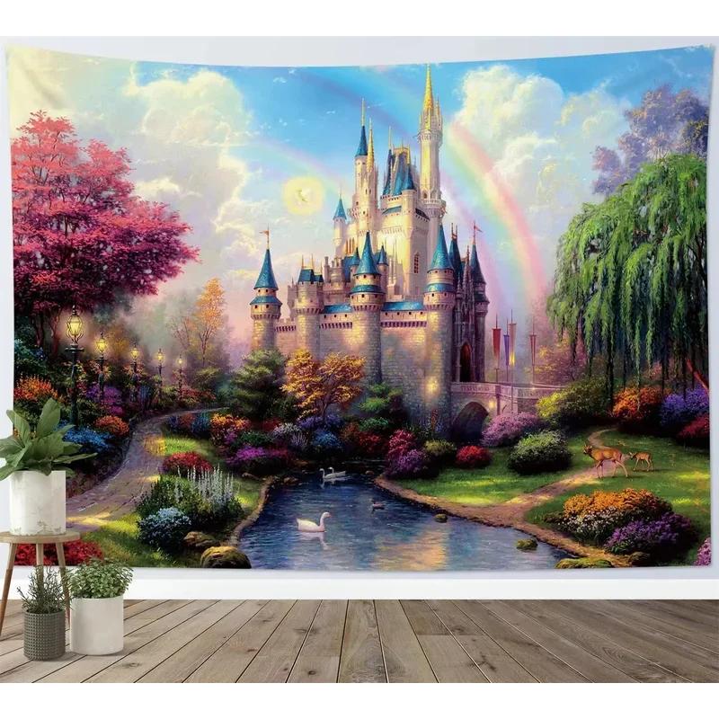 VIKAMA Fantasy Castle Tapestry Magical Forest Mountain Waterfall Scenery Wall Hanging Aesthetic Decor for Bedroom Living Room1