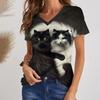 Summer Women's V-neck T-shirt Outdoor Casual Cat Three-dimensional Printing Short-sleeved Women's Clothing