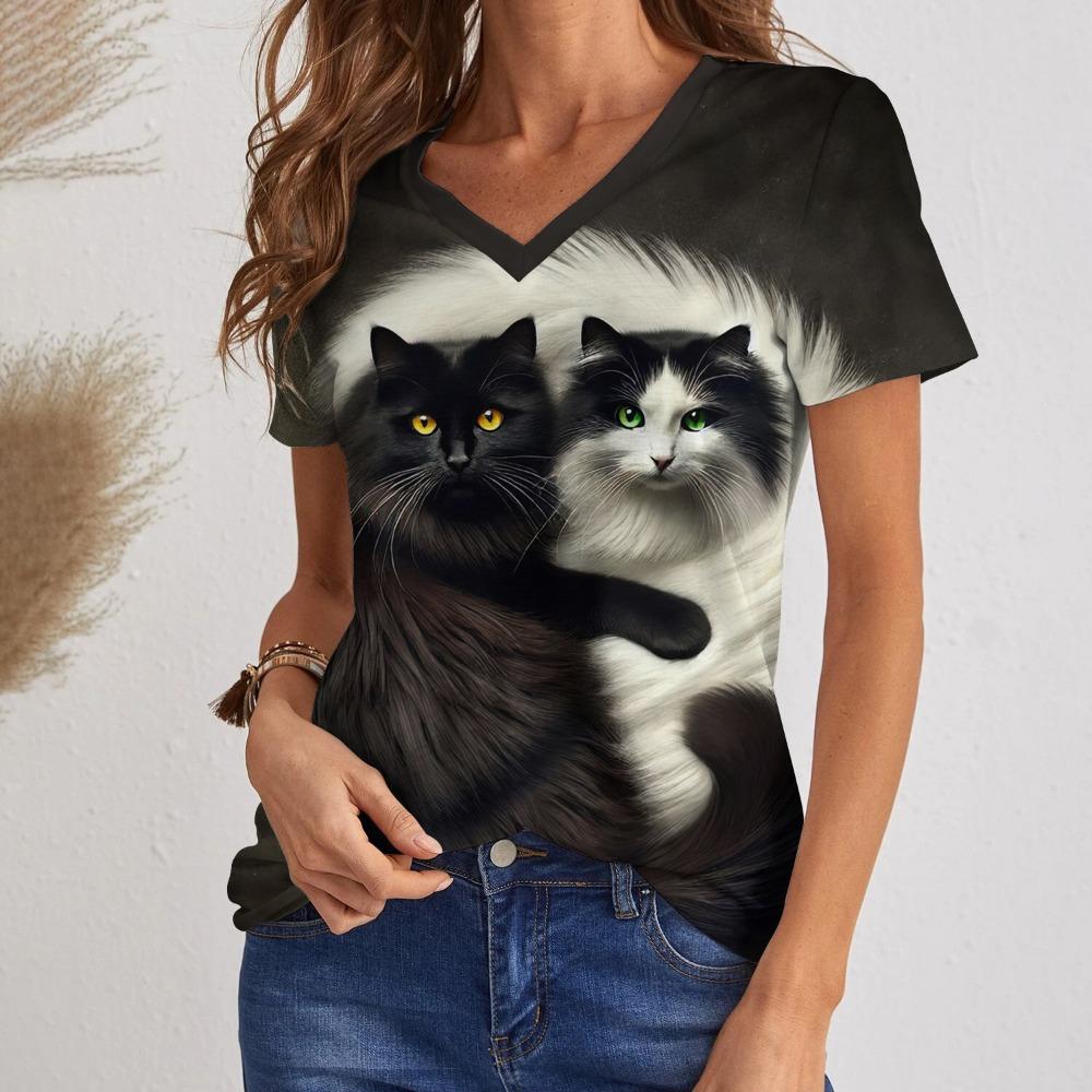 Summer Women's V-neck T-shirt Outdoor Casual Cat Three-dimensional Printing Short-sleeved Women's Clothing
