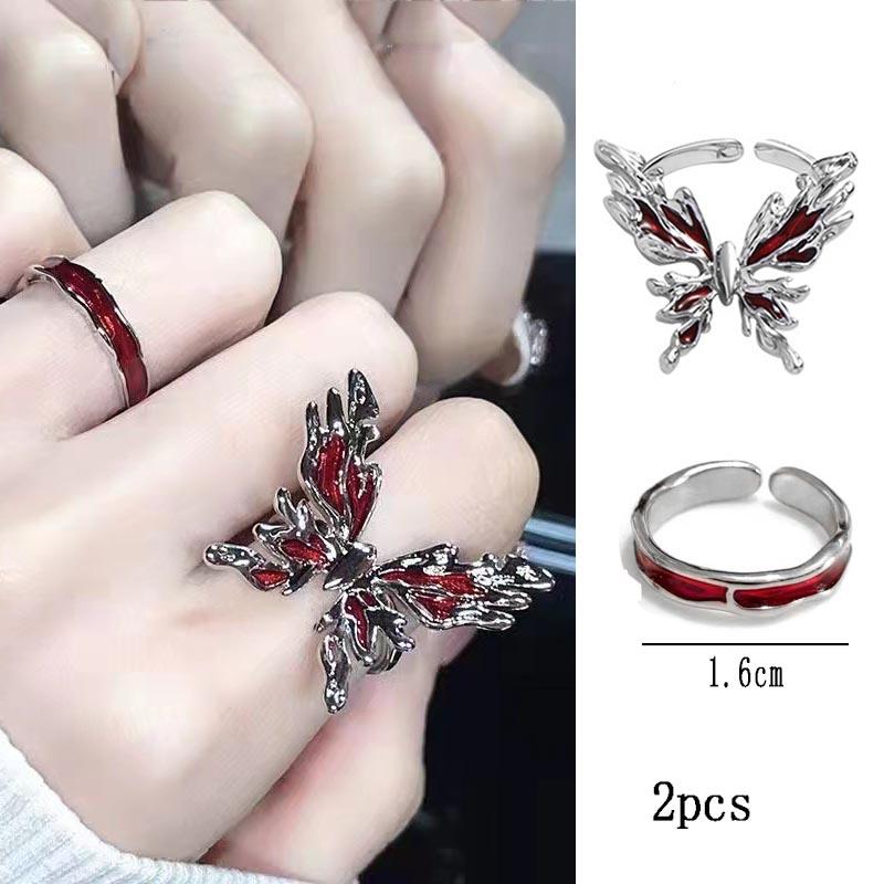 Vintage Red Butterfly Rings For Women Goth Punk Irregular Open Rings Set Y2K Halloween Accessories For Women Kpop Jewelry