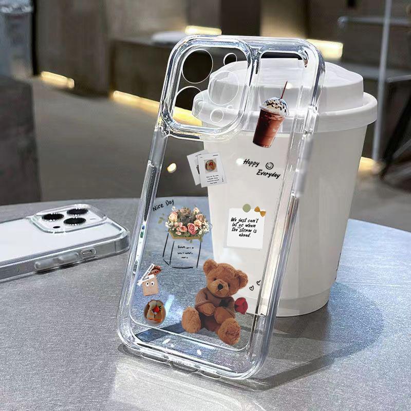 Cute Peeking Teddy Bear Clear Pattern Design Protective Cover for iPhone 17 16 15 14 13 12 11 16E Series Pro Max Plus
