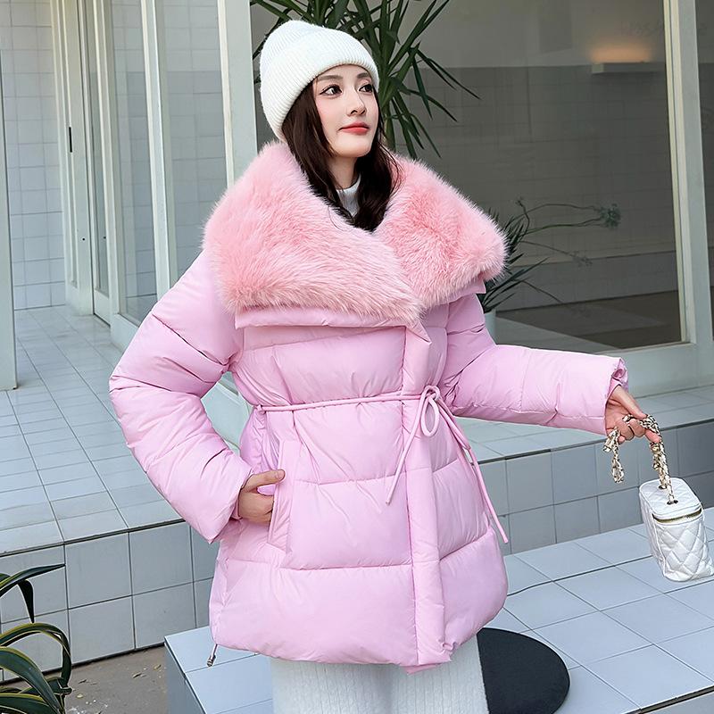 Imitation fox fur collar down cotton clothes women's medium and long new waist thickened cotton clothes cold cotton clothes jacket
