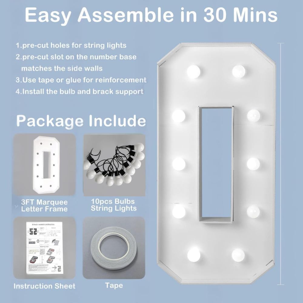 1Pc 73cm/28.7inch Light Up Digital Marquee Frame White Lights KT Board Number 0-9 Plug-in KT Board With Bracket Party Decorative