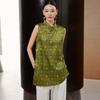 2025 Summer Edition Satin Printed Sleeveless Thin Top with Chinese Style Fashion Stand up Collar and Slant Collar Button Shirt