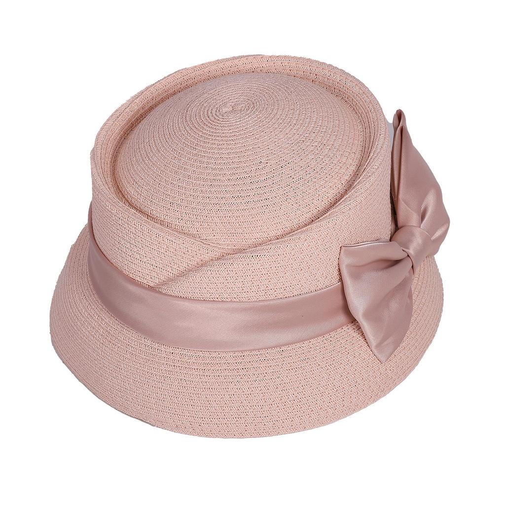 Women’s Vintage Straw Cloche Church Hat with Satin Bow | Elegant Bowler Bucket Hat for Tea Party Wedding Garden Formal Events