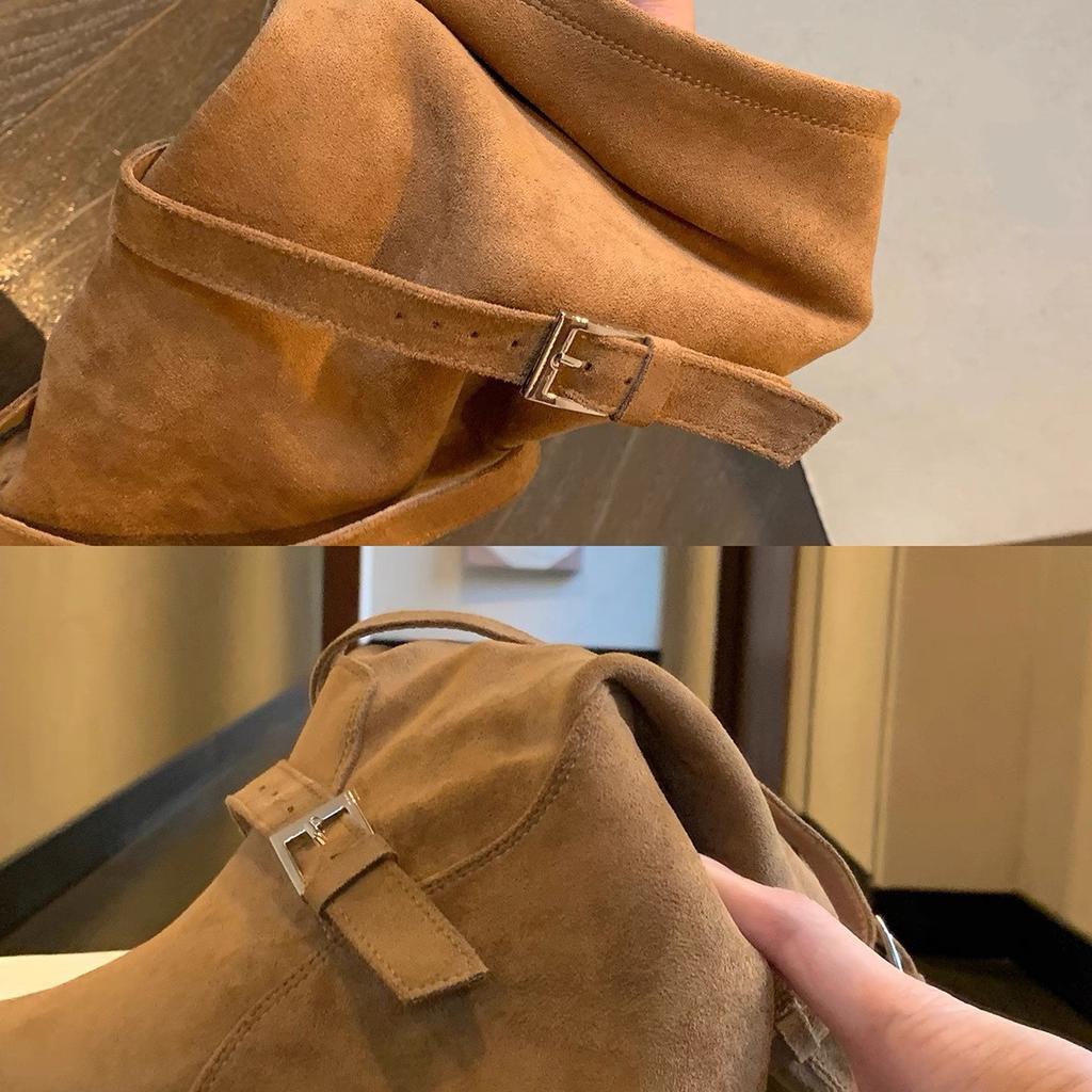 Cowhide~ Heel Height Increased 6cm, Genuine Leather Boots, Western Boots, Women's Pleated Stacking Boots, Medium Tube Buckle Strap, Thin Knight Boots