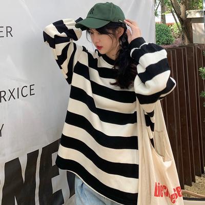 Женский спортивный свитер с длинными рукавами, повседневный, с круглым вырезом, милый, в полоску