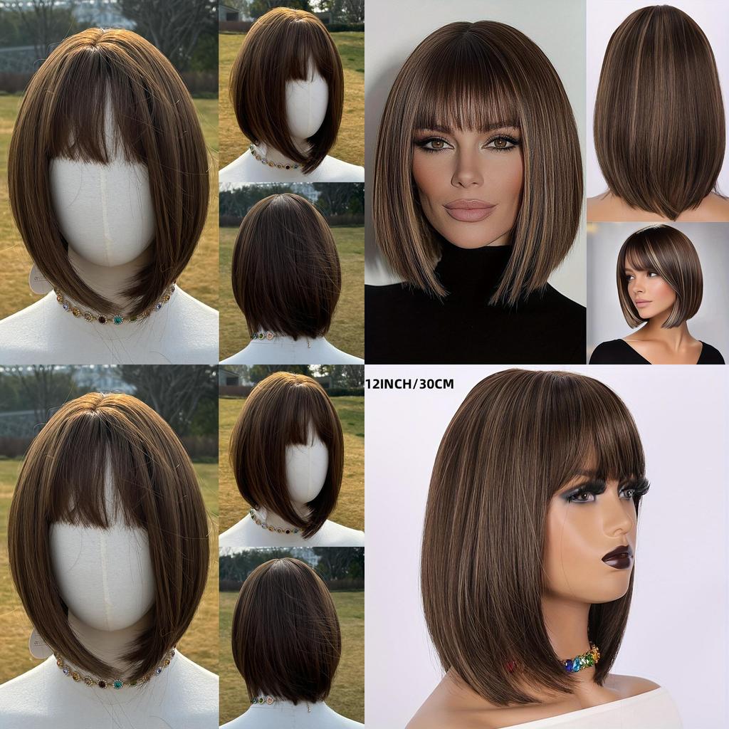 Womens Short Straight Wig With Bangs Hightemperature Silk For Casual And Party Use