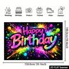 2D plane graffiti style birthday party banner background fabric with colorful splatter design, Happy Birthday in 3D fluid font
