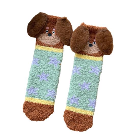 Yousheng 1 пара носков для пола 3D мультяшный дизайн таксы полосатый принт эластичное отверстие носки коралловый флис утолщенные средней длины носки для сна