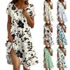 Short Sleeve Boho Dress For Women Casual Loose Fit Sundress Print Round Neck Dress With Pockets