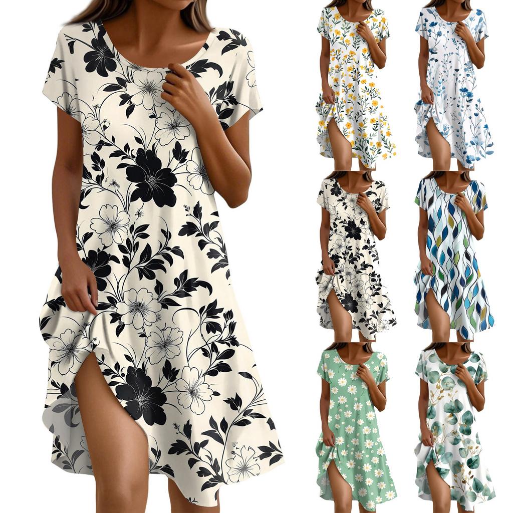 Short Sleeve Boho Dress For Women Casual Loose Fit Sundress Print Round Neck Dress With Pockets