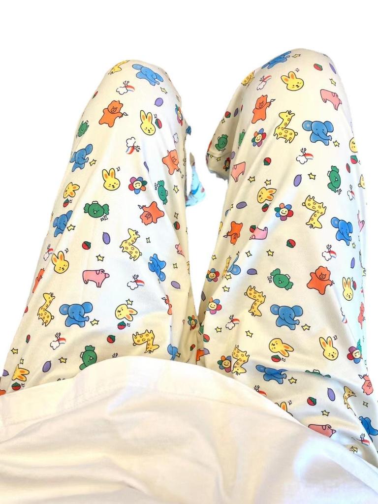 Женские летние пижамные штаны с кондиционером в корейском стиле - свободная повседневная одежда для отдыха с принтом животных