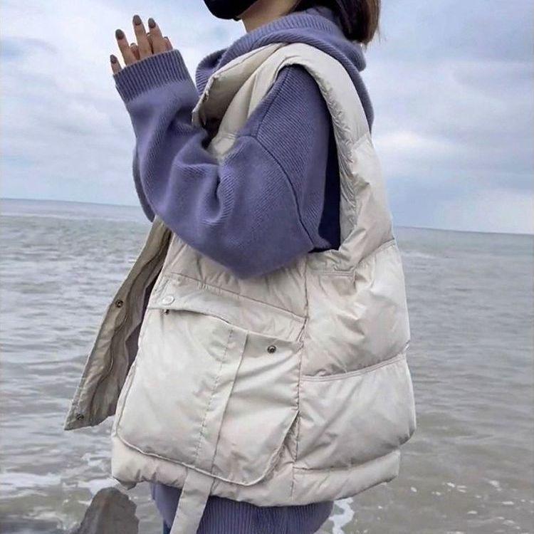 Глянцевый пуховый жилет без стирки для женщин - Осень/Зима, воротник-стойка, без рукавов, модная верхняя одежда