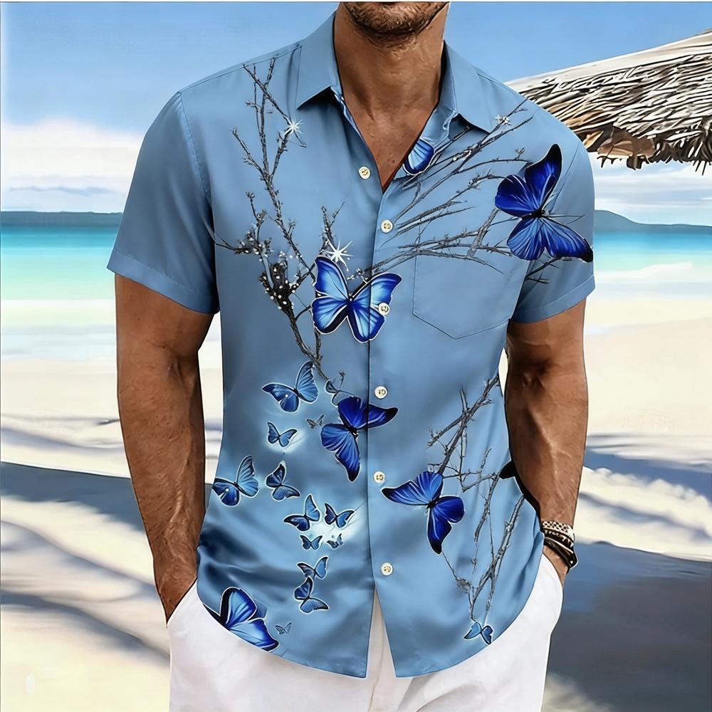 2026Men's spring new short-sleeved shirt natural butterfly high-definition 3D printed shirt Hawaiian outdoor party clothes men's