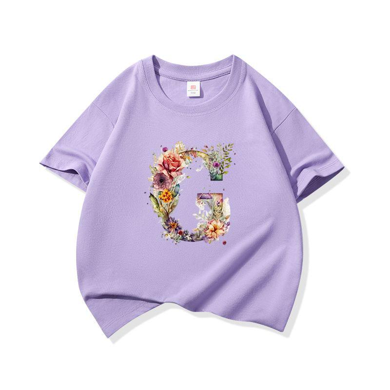 Kids Cotton T Shirt Floral Letter G Print Crew Neck Short Sleeve Tee Casual Boys Girls Summer Tops