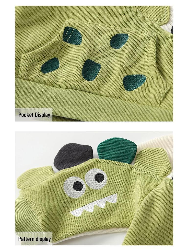 2025 Autumn Baby Boy Green Dinosaur Two-Piece Set: Long Sleeve & Pants for Casual Outings