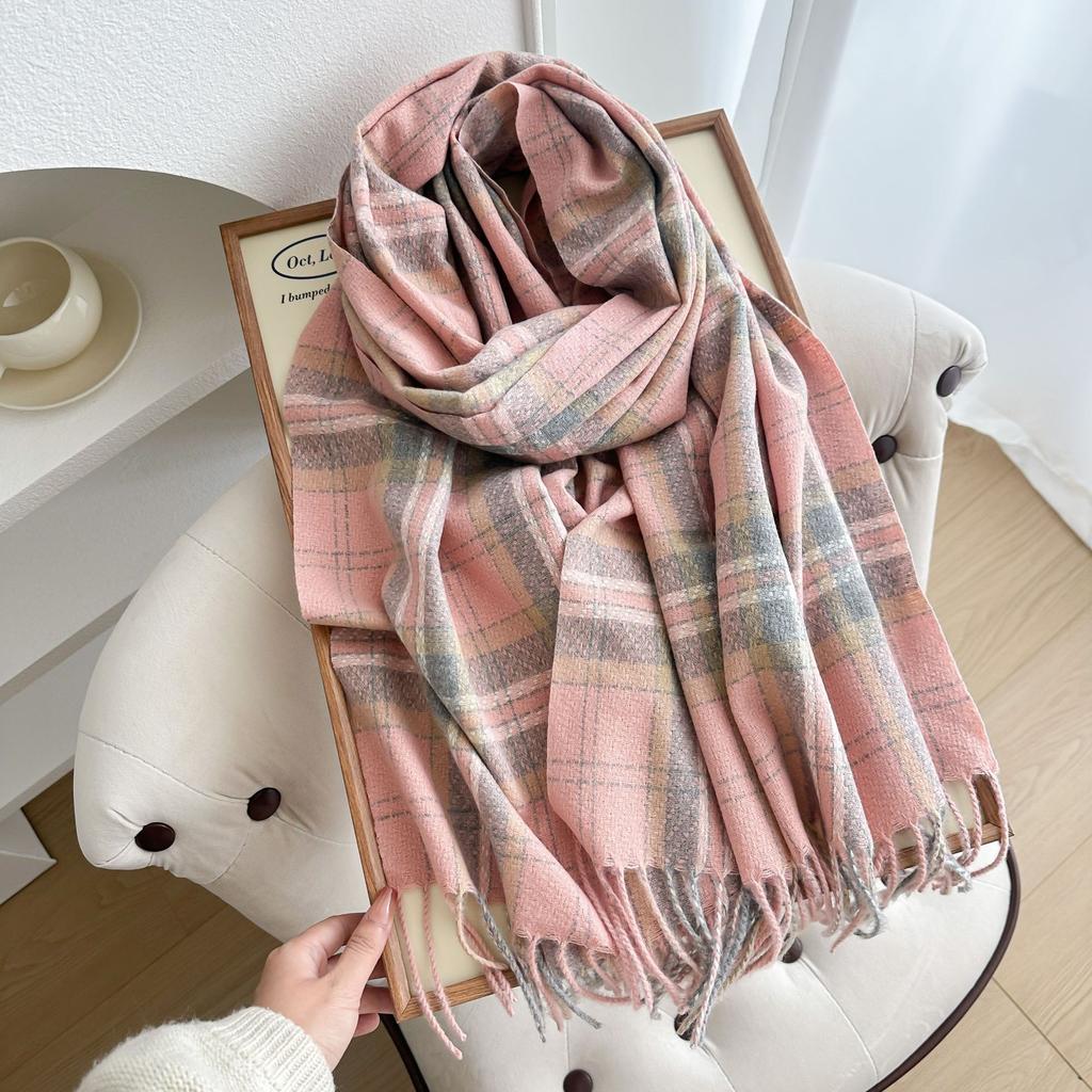 Korean Style Plaid Scarf for Women Winter Pinstripe Student Warm Thickened Imitation Cashmere Long Shawl Scarf