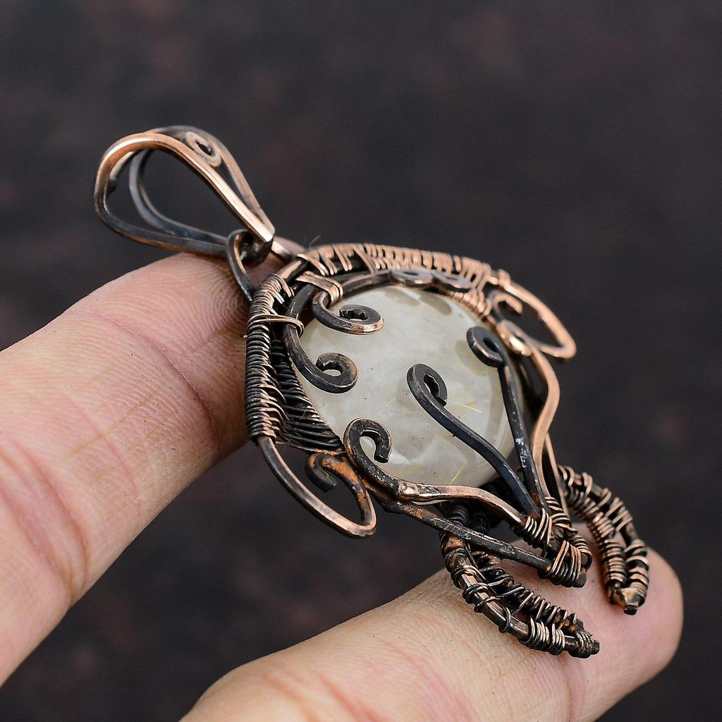 Золотой кулон с рутилом, кулон из медной проволоки, кулон ручной работы, черепаха, медные украшения, подвеска в стиле хиппи в стиле бохо, ювелирные изделия из драгоценных камней, подарок для нее