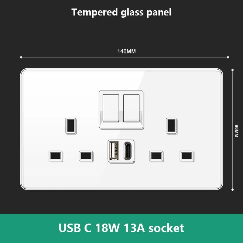 UN UK RU Standard Wall Light Switch Power Socket,18W Plug Type-C USB Quick Charging Universal 5-pin Tempered Glass Socket Outlet