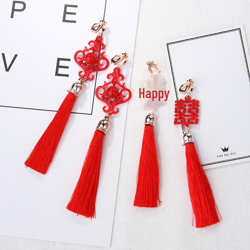 Серьги-клипсы в древнем стиле ханьфу с красными кисточками и узлом для непроколотых ушей — свадебный китайский ретро-дизайн