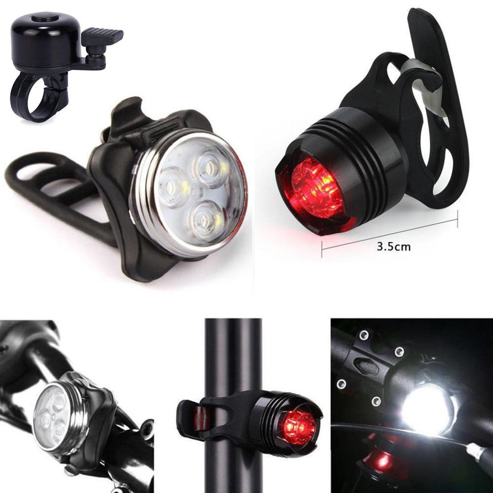 Super Bright USB Led Bike Bicycle Light Rechargeable Headlight +Taillight +Bell