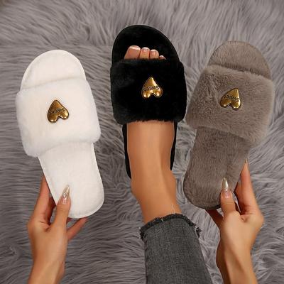 Теплые пушистые тапочки женские толстые пушистые меховые тапочки с пряжкой в форме сердца зимние домашние шлепанцы домашние тапочки на плоской подошве для дома