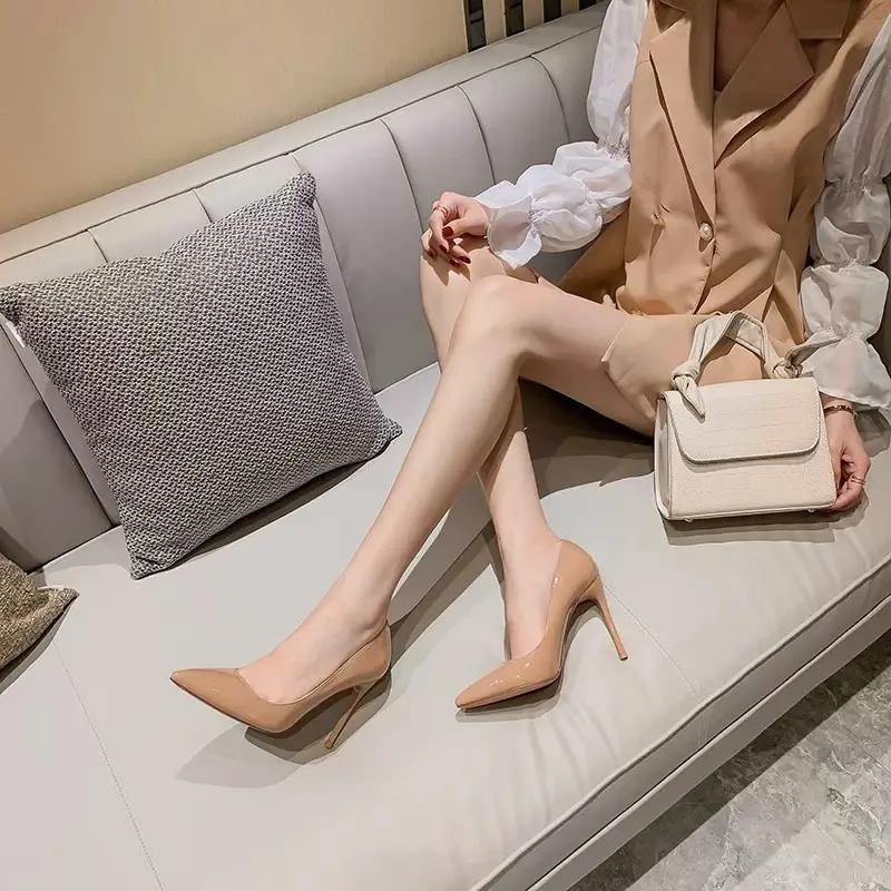 Nude High Heel for Women Summer 2024 New Fashion Patent Leather Sexy Pointed Toe Thin Heel Wedding Party Shoes Sapatos De Mujer