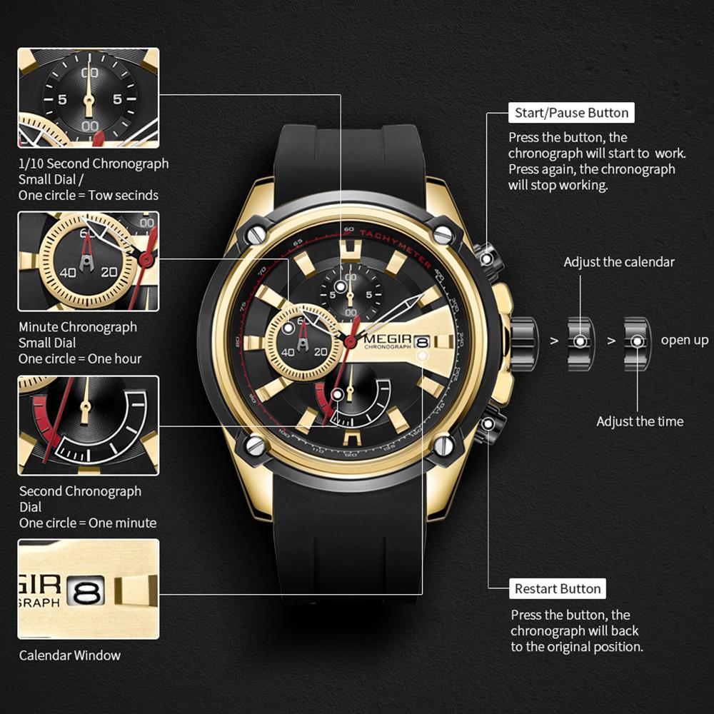 Megir Chronograph Men Sport Watch Male Silicone Automatic Date Quartz Watches Mens Luxury Brand Waterproof Relogio Masculino