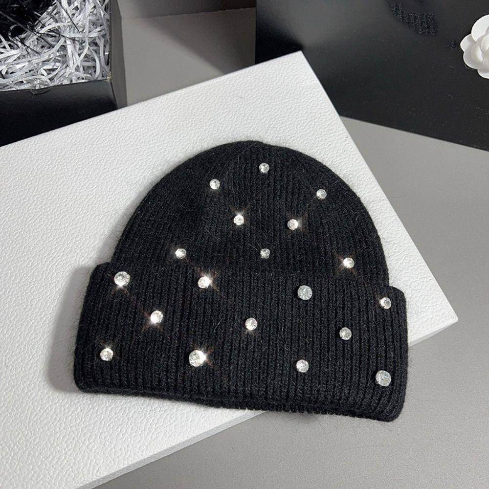 Rhinestone Beads Pullover Yarn Hat Rabbit Fur Warm Bonnet Beaanies Korean Wool Skullies Cap Women