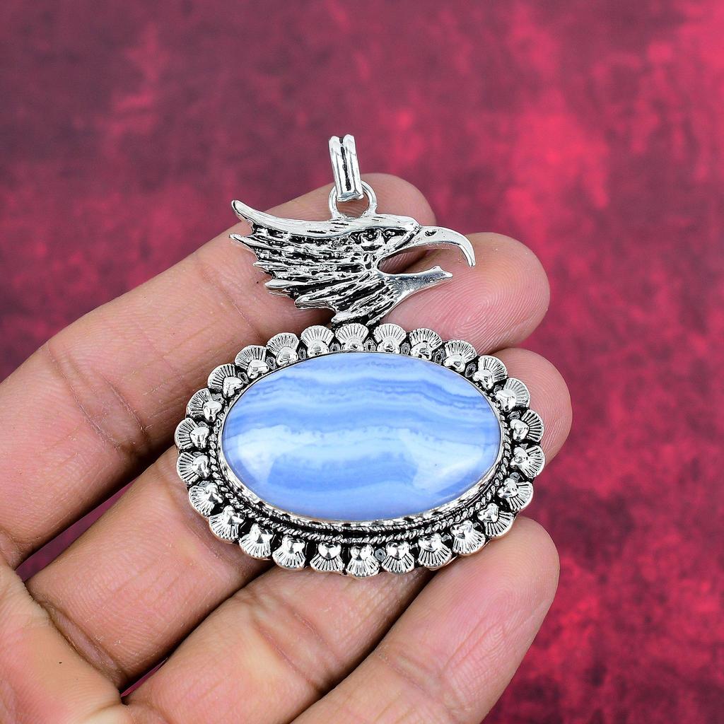 Подвеска из голубого кружевного агата, драгоценный камень ручной работы, 925 пробы, серебряный кулон, антикварная бижутерия, кулон для подарка на помолвку