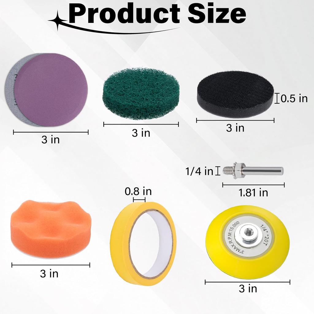 53 PCS Car Headlight Restoration Kit, 3 Inch Drill Sanding Disc With 1/4 Inch Shank Backing, Loop And Hook Sanding Paper, Scouring Pads, Polishing
