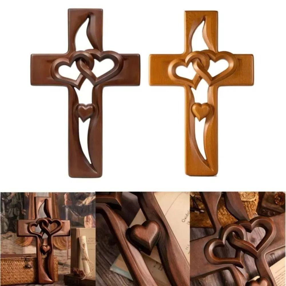 Solid Wood Intertwined Heart Wooden Cross Christian Log Cross Pendant Valentine's Day