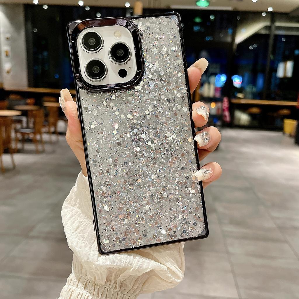 Электроplated квадратный блестящий чехол для iPhone16Promax с эпоксидными блестками для Apple 14Pro защитный чехол