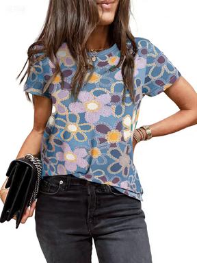 Crew Neck Short Sleeve Retro Colorful Floral Print T Shirt Women's Outfits Casual Daily Wear Lady Loose T-shirts Summer New Tee
