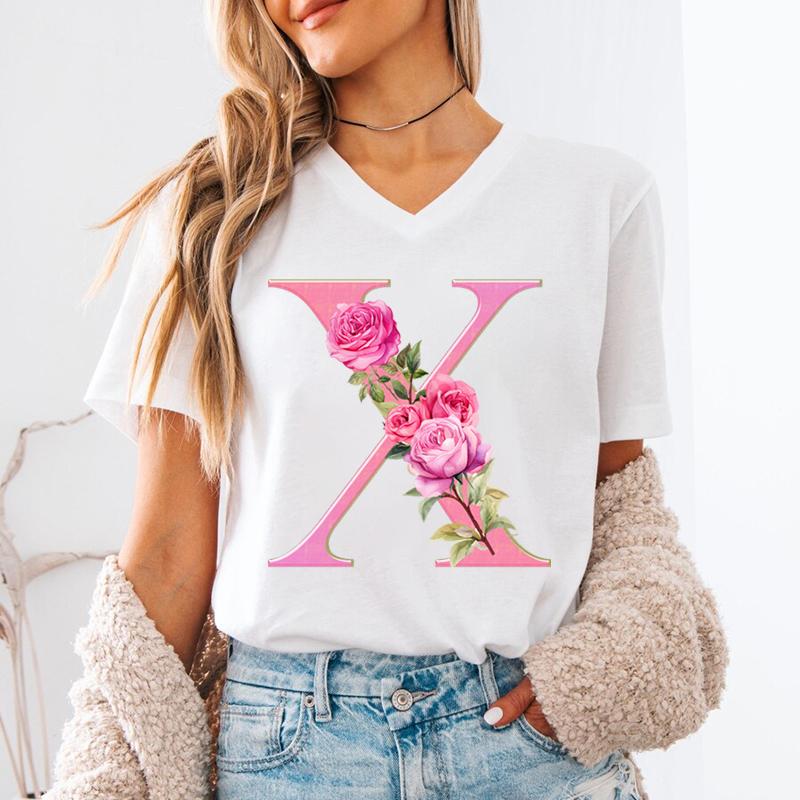 Floral Initials Unisexs Vneck Tshirt Az 26 Alphabet Fashion Casual Tops Pink Flower Short Sleeve Tee Letter S Floral Gift Top