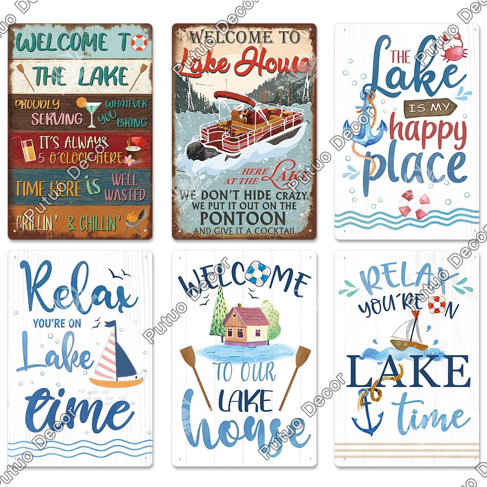 Putuo Decor Винтажные жестяные таблички «Дом у озера», деревенская табличка, металлическая пластина, настенный декор для гостиной, кухни и прихожей, постеры