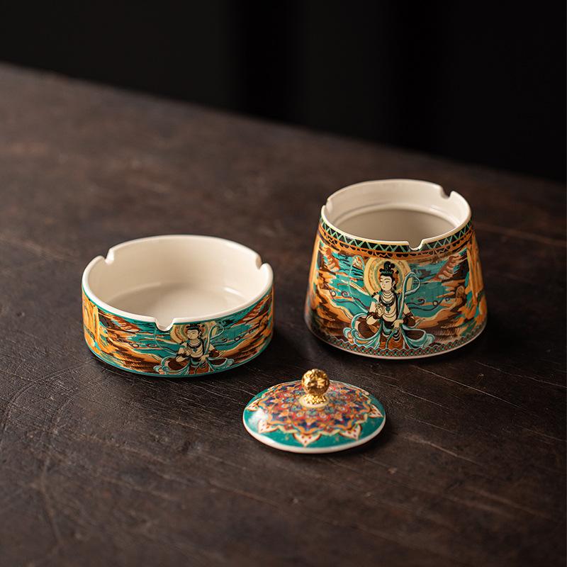 New antique light luxury ceramic ashtray with cover anti-fly ash and anti-smoke smell advanced personalized gift home office