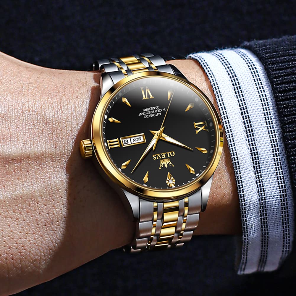 OLEVS механические наручные часы с автоматическим ручным заводом, водонепроницаемые, с подсветкой, дата, нержавеющая сталь, подарочные часы для мужчин, черные, для отца