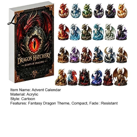 Collectible Dragon Figures Advent Calendar with 24 Acrylic Ornaments, 2D Hatchery Unique Fantasy Collection Countdown Box Set, Figurines, Xmas